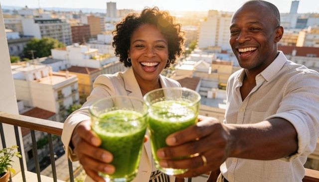 Smiling couple toasting green smoothies on sunlit rooftop balcony with city skyline