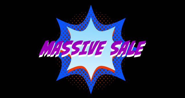Comic book style banner with 'Massive Sale' text in bold purple and white letters overlaying a blue and orange explosion. Ideal for advertisements, marketing campaigns, promotional content, social media posts, and online store banners to attract customers with a dynamic and eye-catching message.