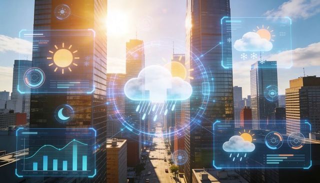Smart city weather forecast hud with cloud upload icon and rain analytics over downtown