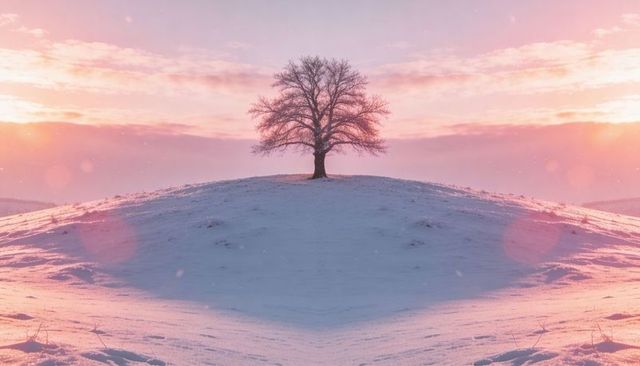Solitary tree standing on snowy hill at pastel sunrise casting long soft shadow and lens flare