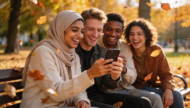 Multicultural friends laughing while watching smartphone on autumn park bench