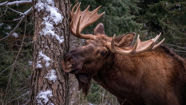 Bull moose pressing palmate antlers and muzzle against snowy pine in winter forest