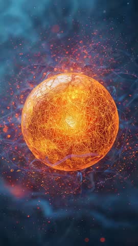 Pulsating Orange Energy Sphere Releasing Embers in Misty Cosmic Void - Futuristic Vertical Video