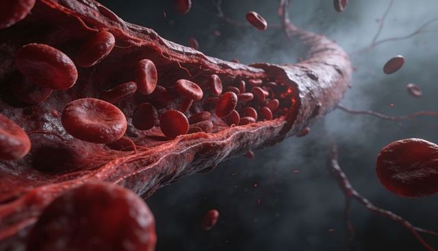Flowing red blood cells inside vessel lumen revealing fibrin strands and microvasculature