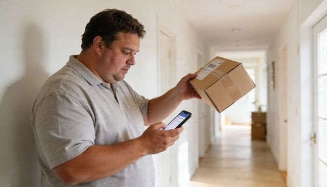 Man holding parcel and checking smartphone in bright home hallway for delivery tracking