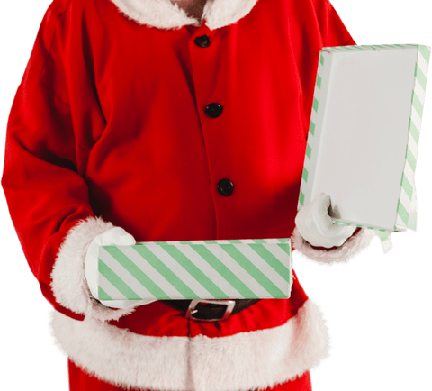 Santa claus opening christmas present box transparent background