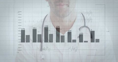 Doctor analyzing digital patient data visualization with bar charts and medical waveforms