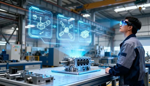 Technician inspecting gearbox with augmented reality schematics in smart factory