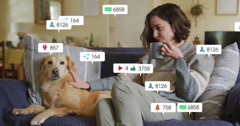 Woman Relaxing with Dog Surrounded by Social Media Icons