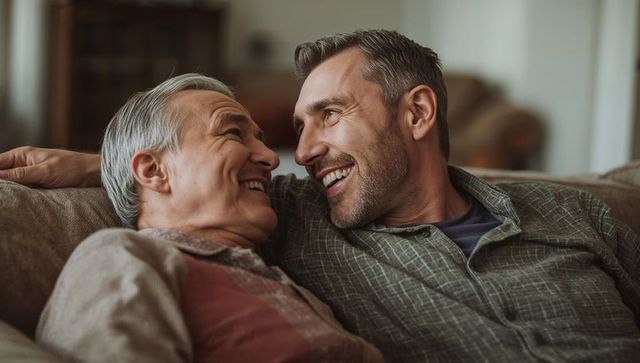 Affectionate older couple sharing warm moment on sofa, cozy living room intimacy, gentle eye contact