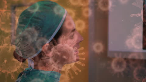 Collage of Surgeon with Overlay of COVID-19 Cells