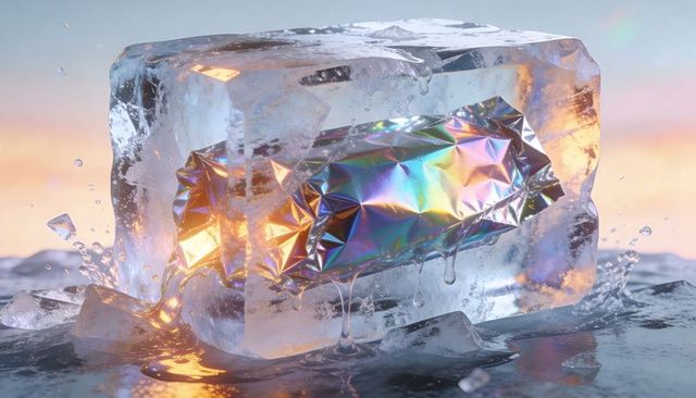 Melting ice block encasing holographic foil cylinder glowing at sunset