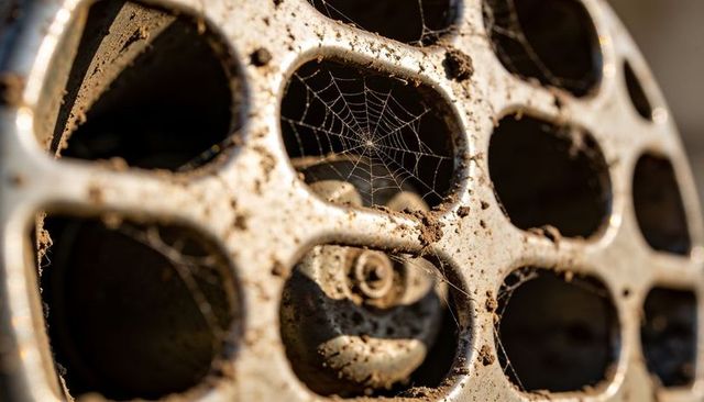 Rusty circular vent grate showing delicate spider web, cobwebs and dusty industrial texture
