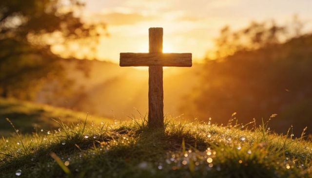 Backlit wooden cross on dewy meadow hill at sunrise, christian symbol of hope and renewal