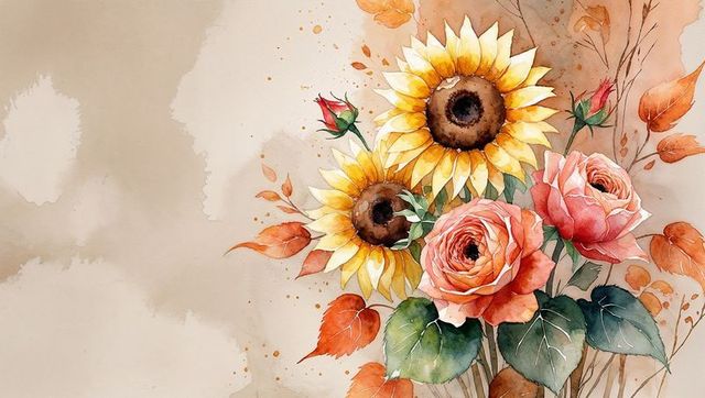 Watercolor Bouquet of Sunflowers and Roses with Autumn Leaves