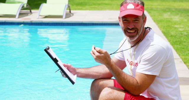 Portrait of a lifeguard sitting at pool side holding clipboard and stop watch