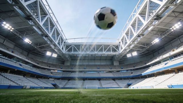 Soaring soccer ball arcing over wet stadium pitch toward goal with dramatic floodlights