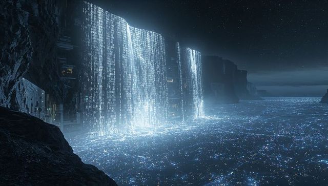 Glowing Digital Waterfall Cascading Down Cliffside Over Bioluminescent Ocean at Night