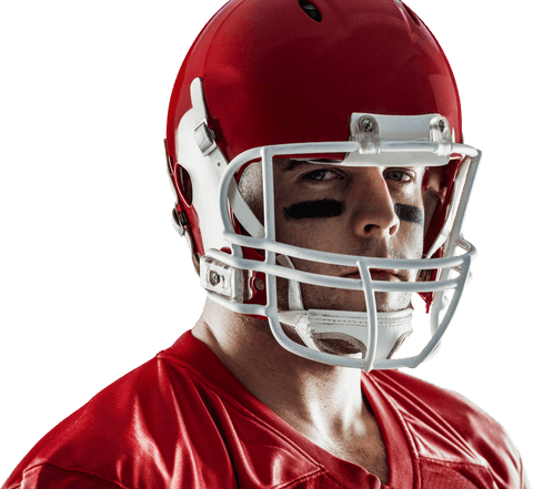 American football player wearing helmet and jersey on transparent background