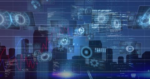 Futuristic Data Processing with Cityscape and Digital Interfaces - Download Free Stock Images Pikwizard.com