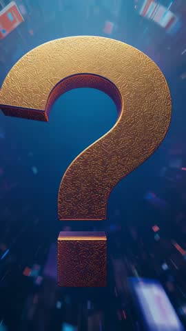 Golden Question Mark Floating on Stage with Confetti and Cinematic Volumetric Lighting - Vertical Vi