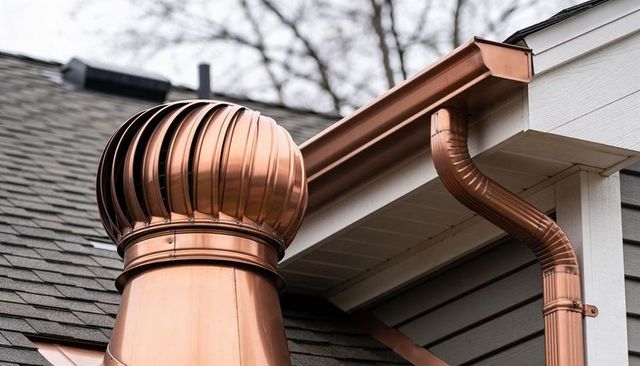 Polished copper roof turbine vent with matching copper gutter and downspout on gray siding