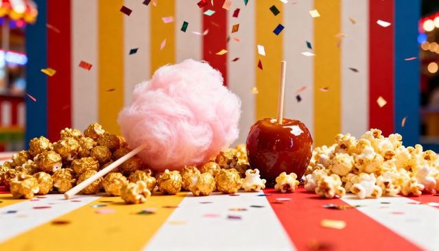 Carnival Cotton Candy, Candied Apple, Gold Popcorn and Confetti on Striped Concession Table