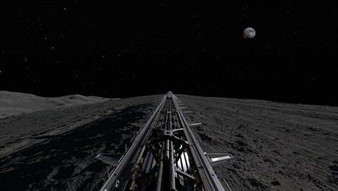 Extending lunar transit rail crossing moon regolith toward distant earth and stars