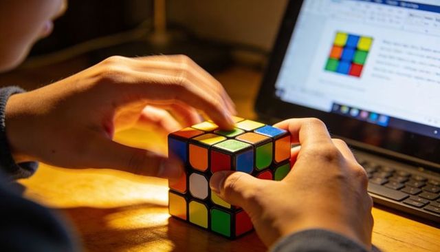 Hands Solving Rubik's Cube Using Laptop Guide Warm Desk Lighting Focused Concentration