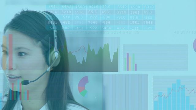 Woman wearing a headset, looking at technology interface with data analytics. She is likely in a customer support or call center environment. Overlaid on the woman are various graphs, charts, and data points indicating a focus on technology and analysis. Suitable for illustrating concepts of modern customer service, tech support, data-driven decisions, financial analysis, and business communication.