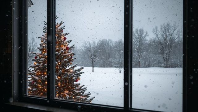 Festive Tree Glowing by Window in Snowy Winter Wonderland