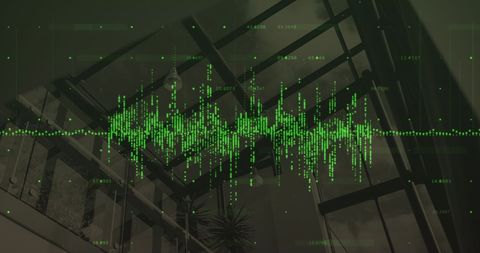 Financial data streams overlaying modern office design