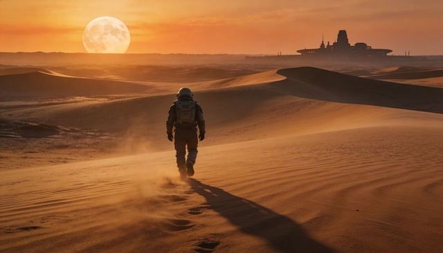 Astronaut trekking across orange dune sea toward distant futuristic colony under low sun
