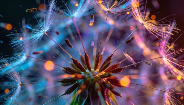 Macro dandelion seedhead glowing with neon bokeh, seeds drifting on luminous filaments