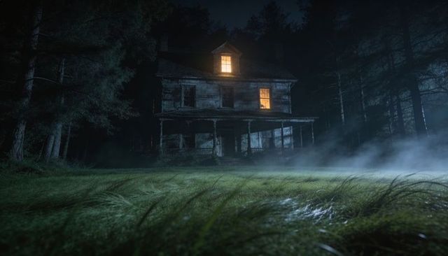 Dilapidated Victorian farmhouse standing in foggy forest clearing with glowing amber windows