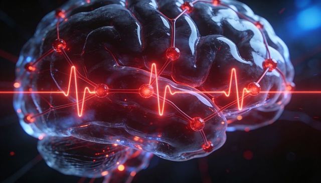 Translucent Brain with Glowing Neural Network and Red ECG Signal Visualization