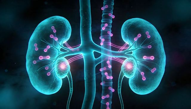 Glowing kidneys illustrating renal anatomy with nephrons, glomeruli, vasculature, ureters