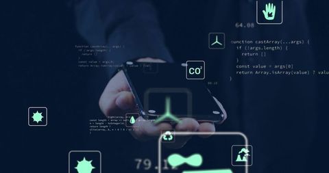Hand Holding Smartphone Displaying Holographic CO2 Metrics and Futuristic Environmental UI