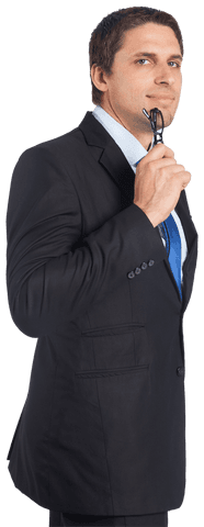 Confident Businessman Standing on Transparent Background Holding Glasses
