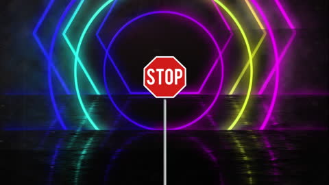 Futuristic Neon Stop Sign with Vivid Light Circles