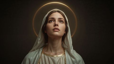 Holy figure the virgin mary gazing in reverence with luminous halo