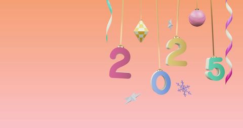 Colorful 2025 Numbers with Christmas Ornaments on Pink Background