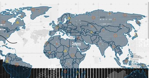 Stylized World Map on Futuristic Digital Interface Dashboard