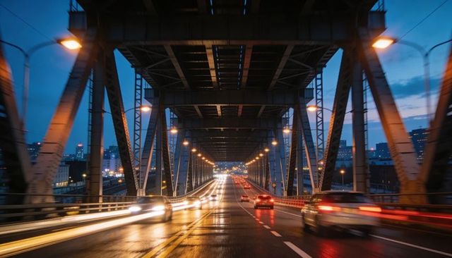Steel truss bridge at dusk with light trails and wet reflections leading to city skyline