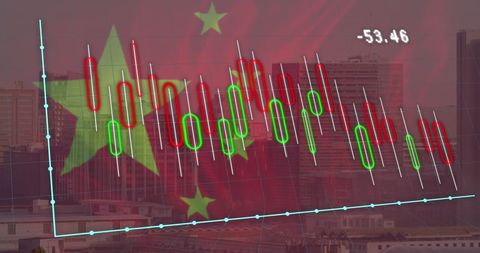 China flag and financial data over cityscape indicating market trends