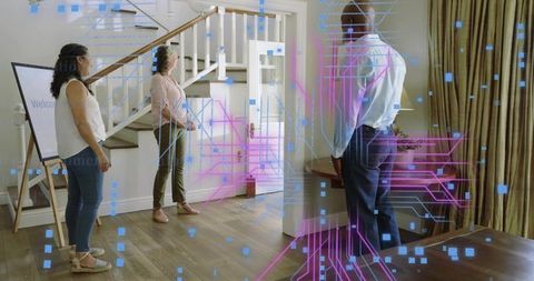 Homebuyers touring staged entryway with digital magenta overlay highlighting proptech open house