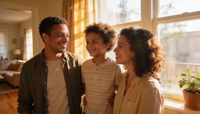 Smiling parents and son standing in sunlit living room sharing warm family moment by window