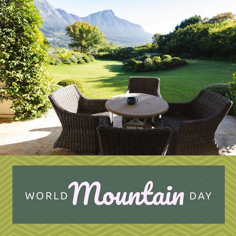 celebrating world mountain day with serene garden and mountain views - Download Free Stock Templates Pikwizard.com