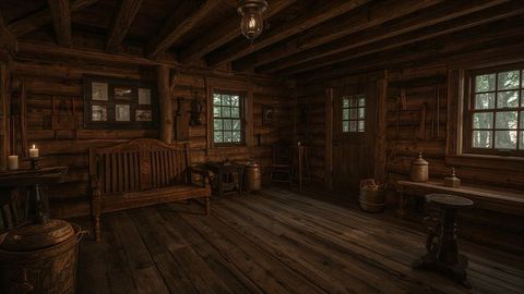 Vintage wooden furniture in rustic log cabin interior