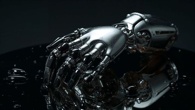 Chromed Robotic Hand Resting on Reflective Black Surface with Water Droplets